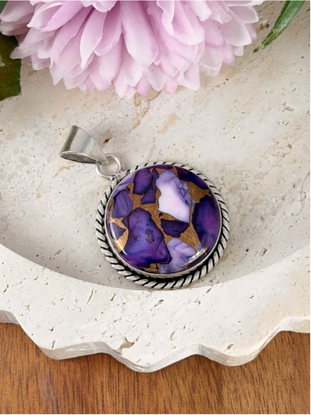 Genuine Purple Copper Turquoise Pendant Round Southwest New Sterling Silver 925